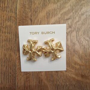 NWOT Womens Tory Burch Roxanne 1 inch Gold Logo Stud Earrings